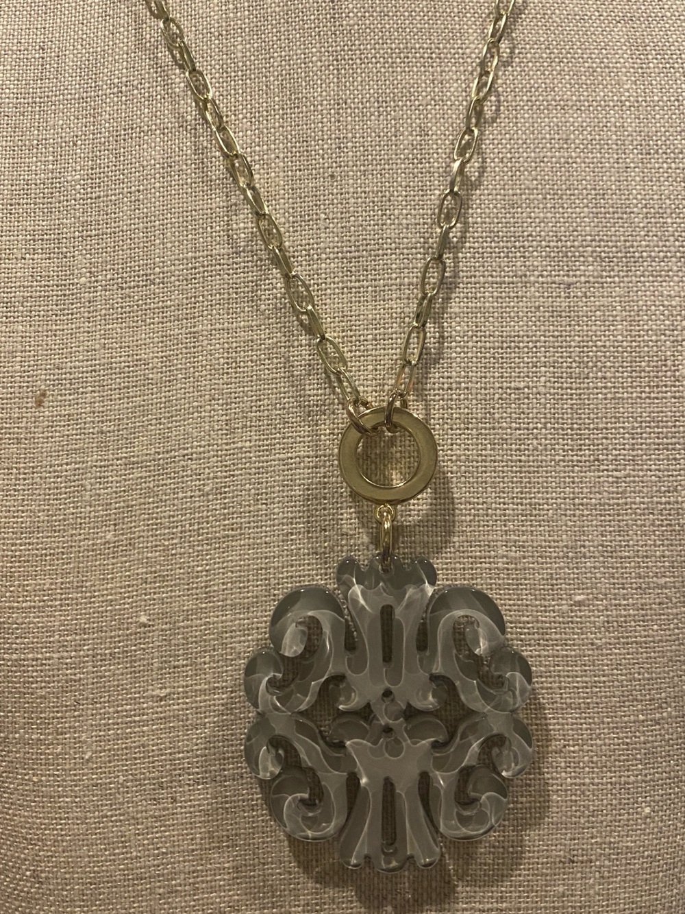 Gold Chain Necklace with Gray Floral Resin Pendant - short or long